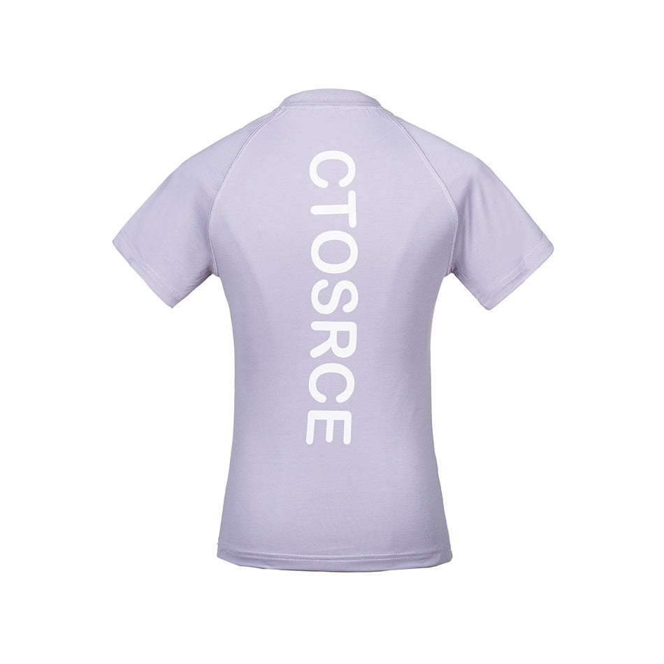 Back of a light purple raglan short-sleeve T-shirt with a large white vertical print down the center