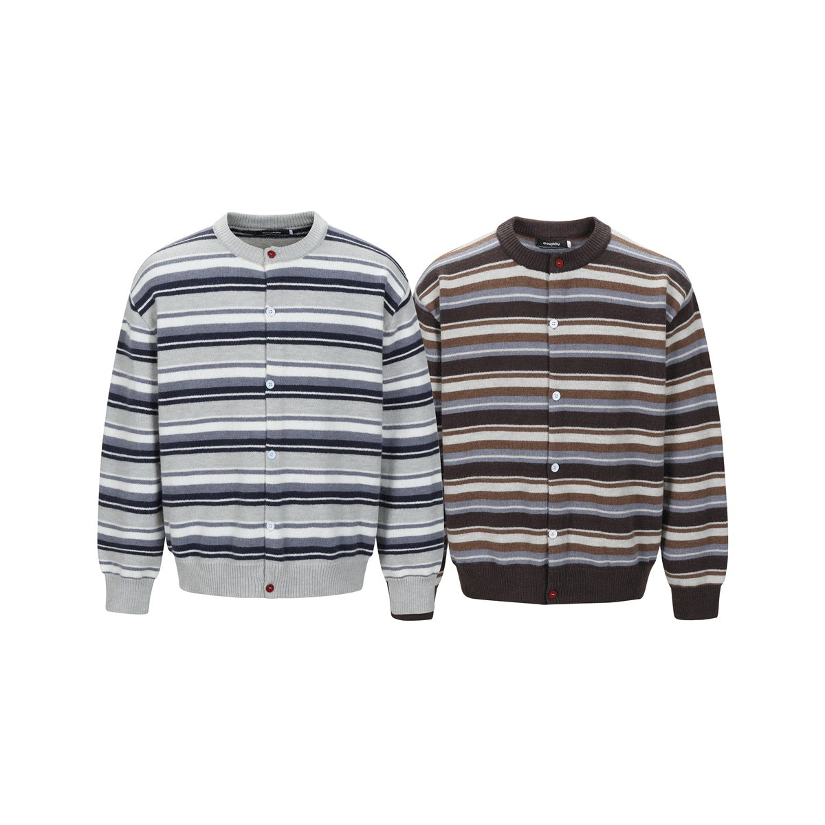 Two striped button-front cardigans shown from the front: one light gray with navy stripes and one brown with cream and