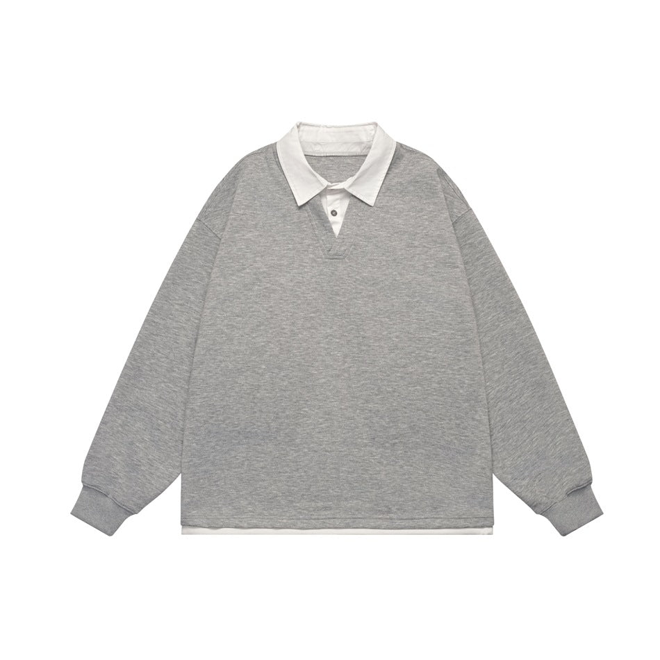 Light heather gray long-sleeve sweatshirt with white polo collar, two-button placket, ribbed cuffs and white layered hem