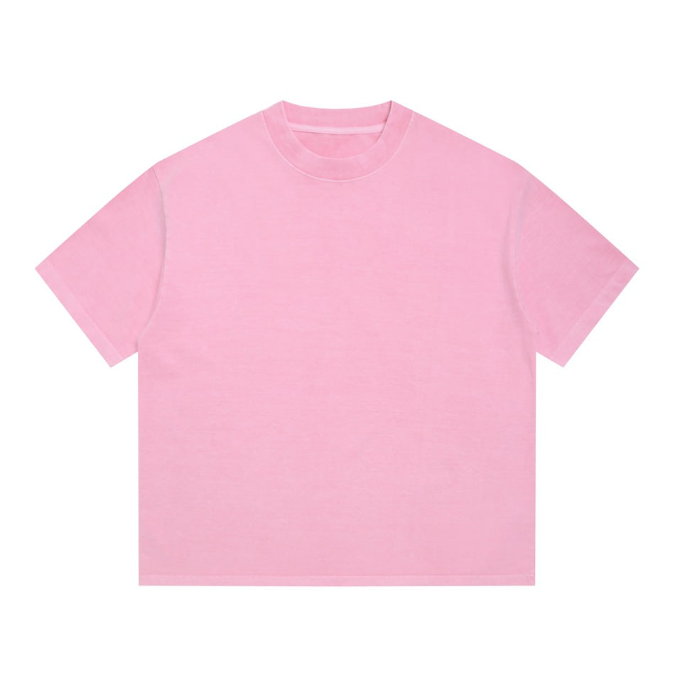 Pink washed short-sleeve crew-neck T-shirt, flat front view on white background