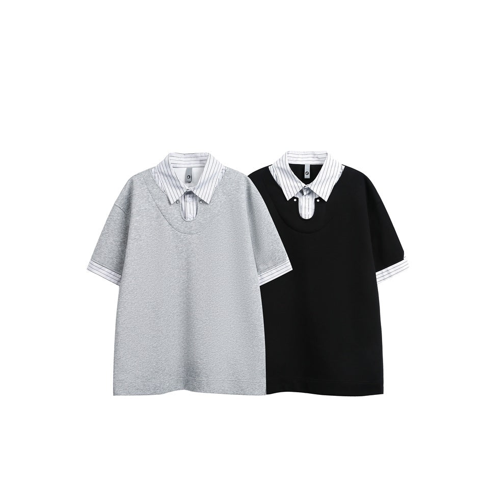 Two short-sleeve layered tops displayed flat: one light gray and one black, both with white pinstriped collars and cuffs.