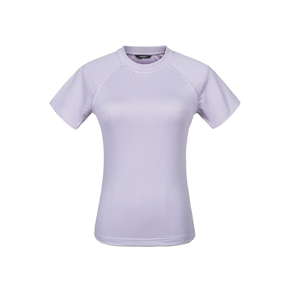Front of a light purple crew neck T-shirt with raglan short sleeves and tonal stitching on a white background