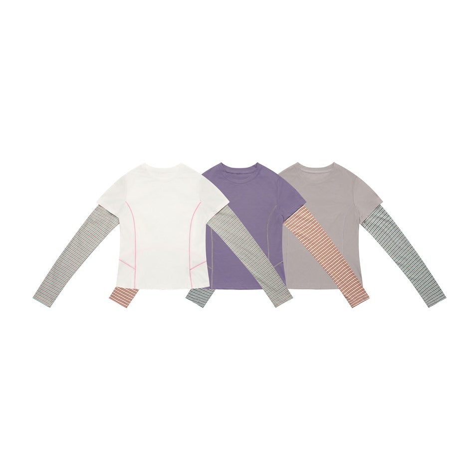 Three front views of layered tops: white, purple, and taupe short sleeves over striped long sleeves.