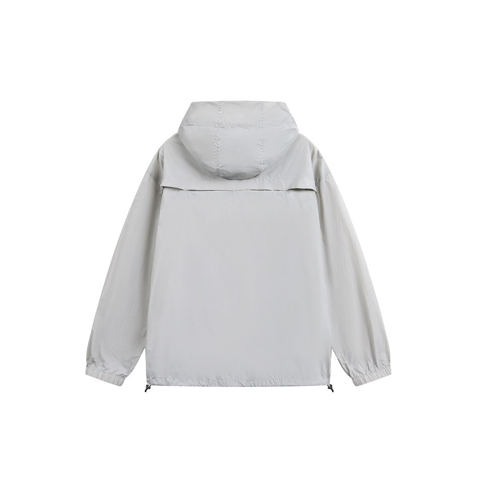 Back view of a light gray hooded jacket with elastic cuffs and adjustable hem cords on a white background.