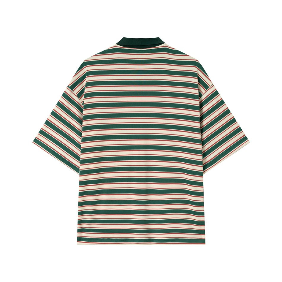 Back view of green, cream and red striped short-sleeve polo-style top with dark green collar