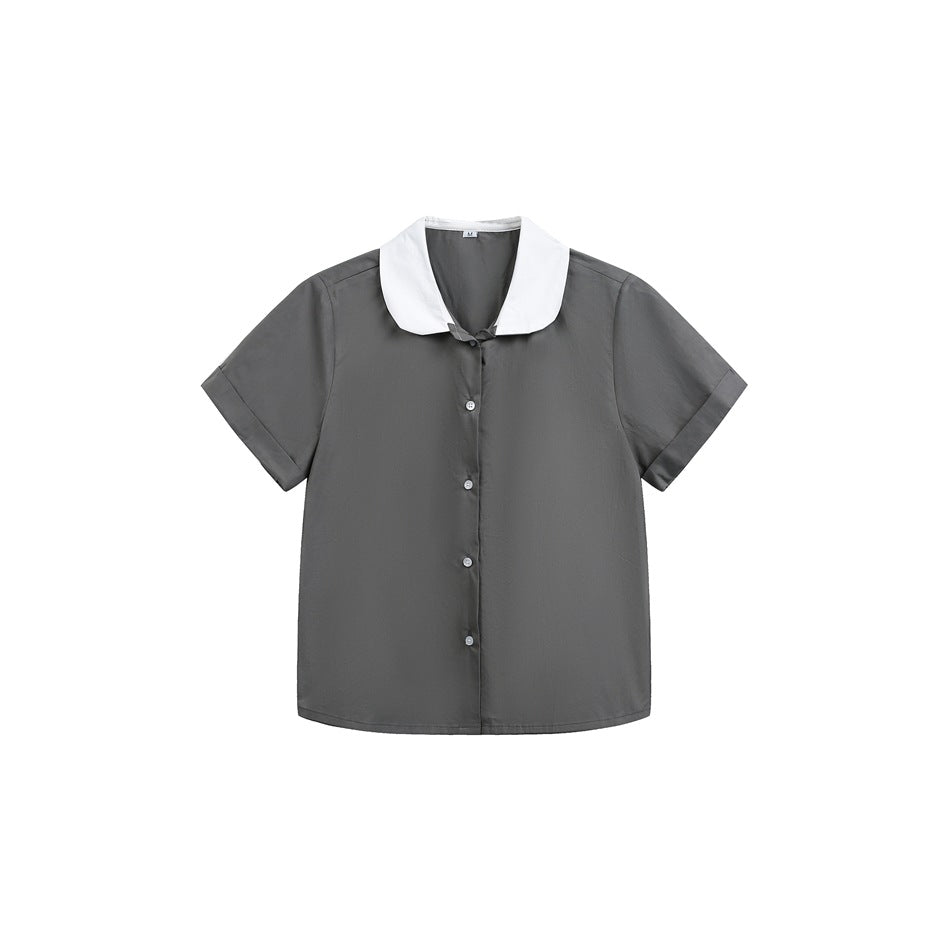 Gray short-sleeve button-front shirt with white rounded collar and cuffed sleeves, flat lay front view
