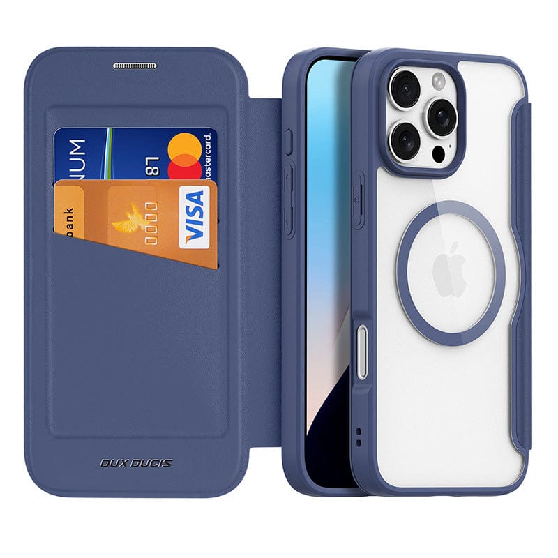 A smartphone in the iPhone 16 Pro Max Wallet Case with RFID Protection and MagSafe - Premium Leather Flip Cover, featuring a lavender hue, with a clear back and an attached cover. Two credit cards are visible in the card slots inside the cover. The case also boasts MagSafe compatibility for effortless charging.