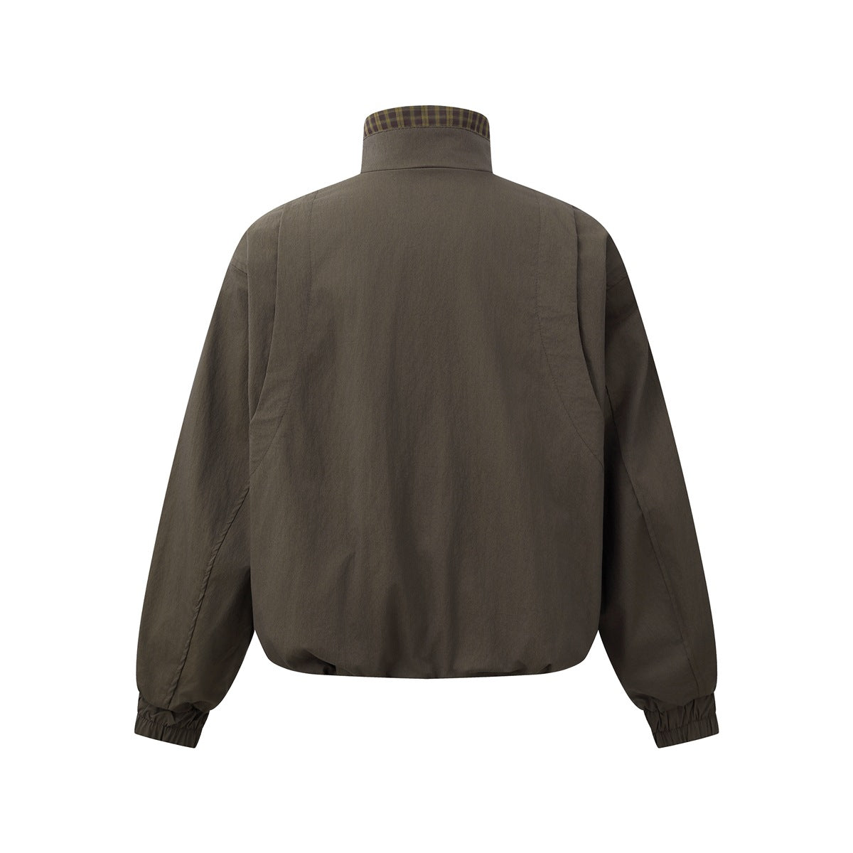 Back view of brown stand-collar jacket with curved seam panels, plaid collar lining and elastic cuffs