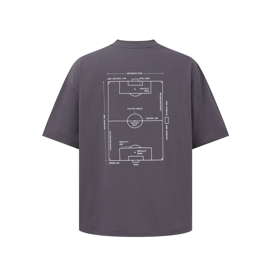 Dark purple-gray short-sleeve T-shirt back with white soccer pitch diagram print and English field labels
