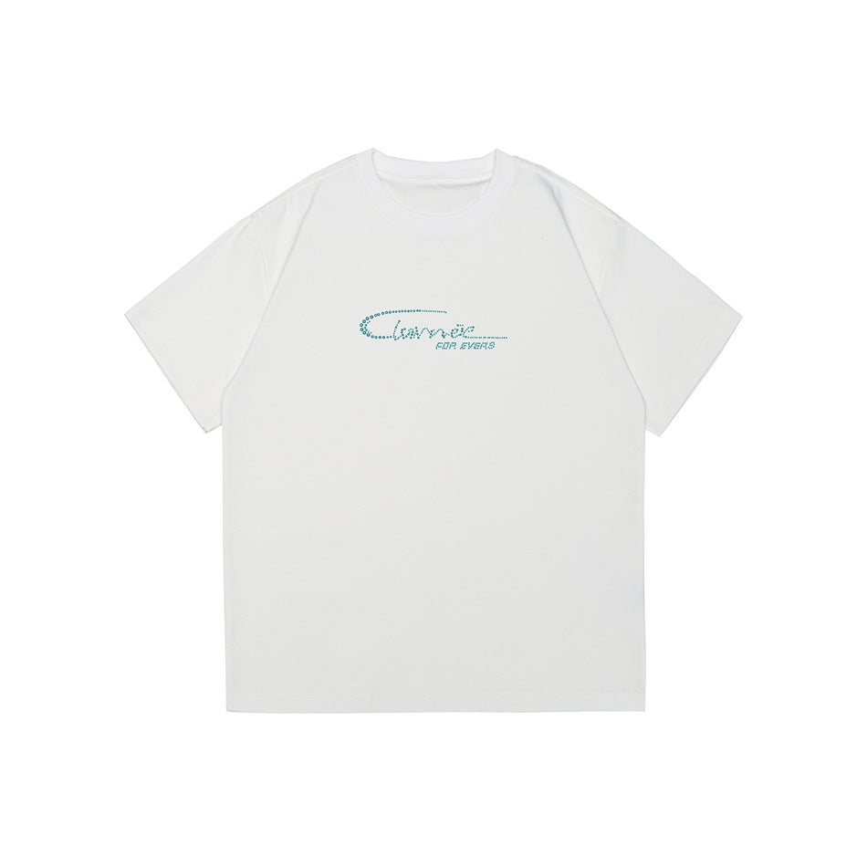White short-sleeve crew-neck T-shirt with a small teal dotted script graphic on the chest, flat lay front view