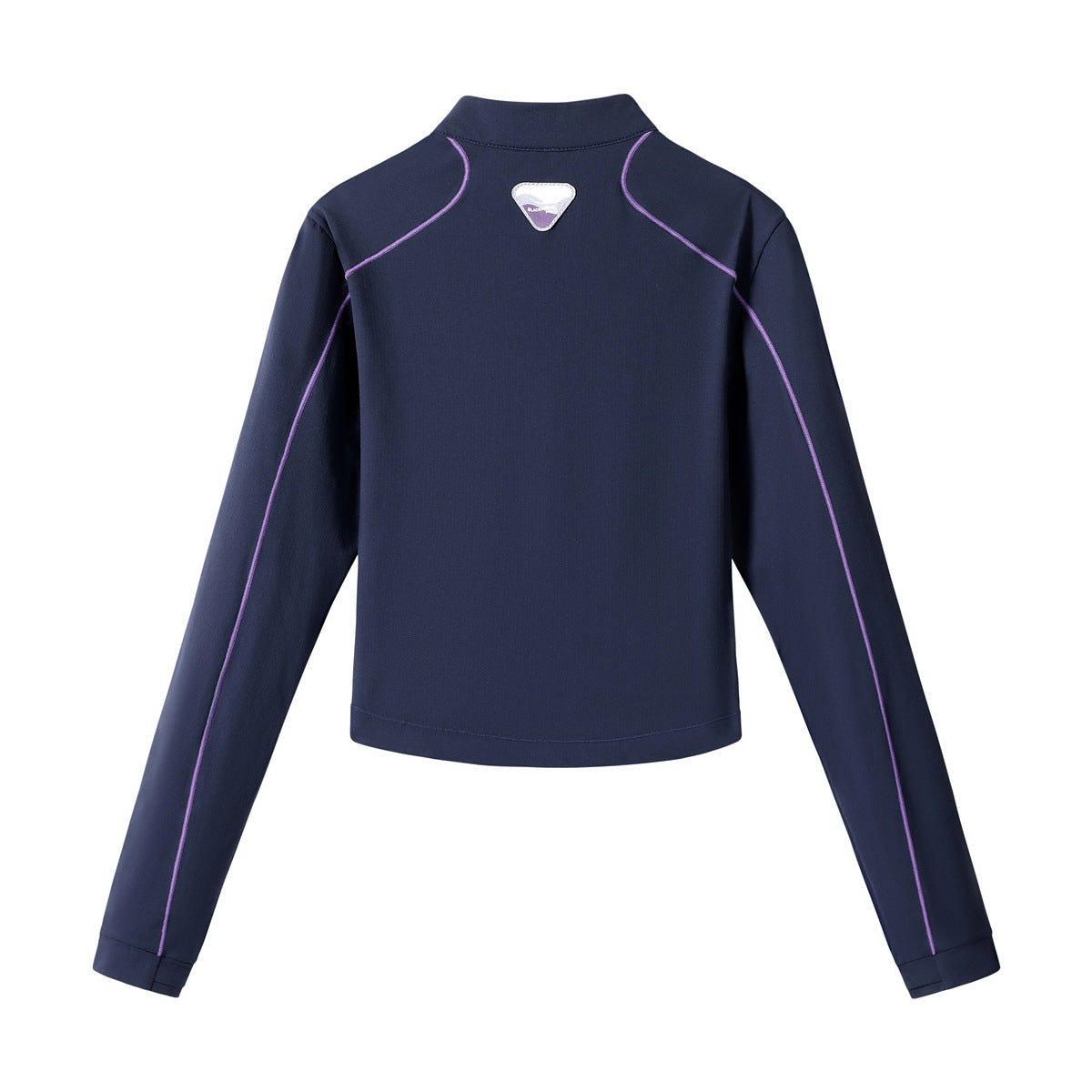Back view of a navy long-sleeve top with purple piping, a stand collar, and a small triangular patch.