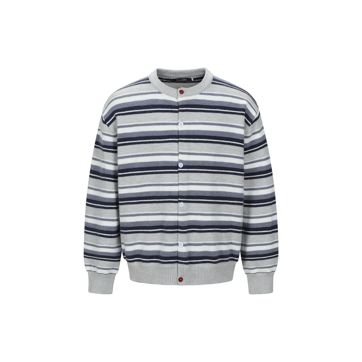 Gray, white and navy striped button-front knit cardigan with crew neck, ribbed trim and red accent buttons