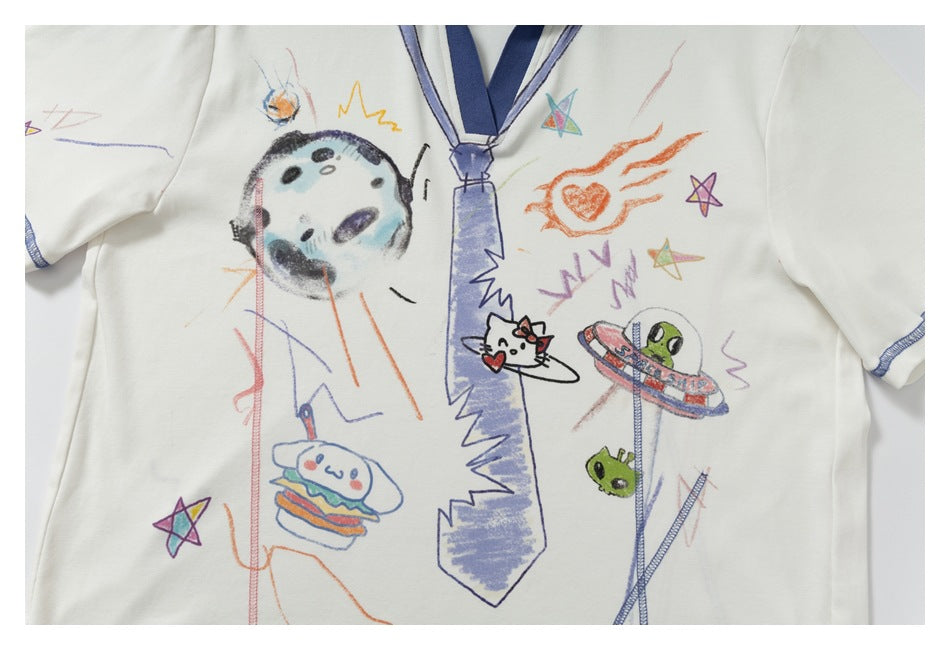 White short-sleeve shirt with blue necktie graphic and colorful space, food, and cartoon doodles.