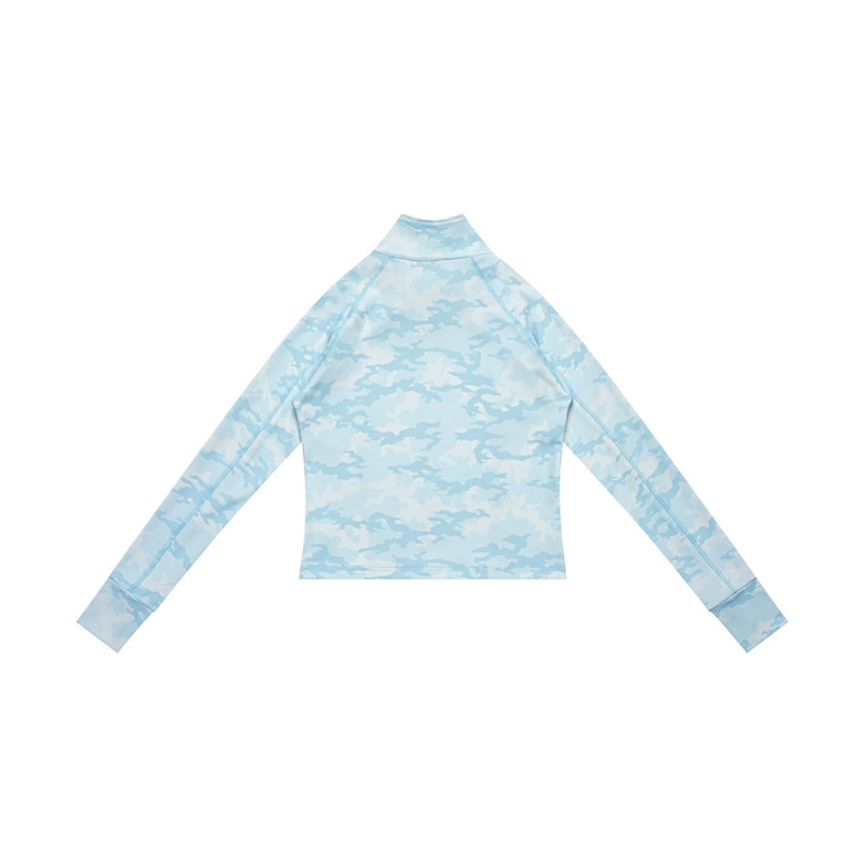 Back view of a light blue camouflage zip-up jacket with long sleeves and a stand collar.