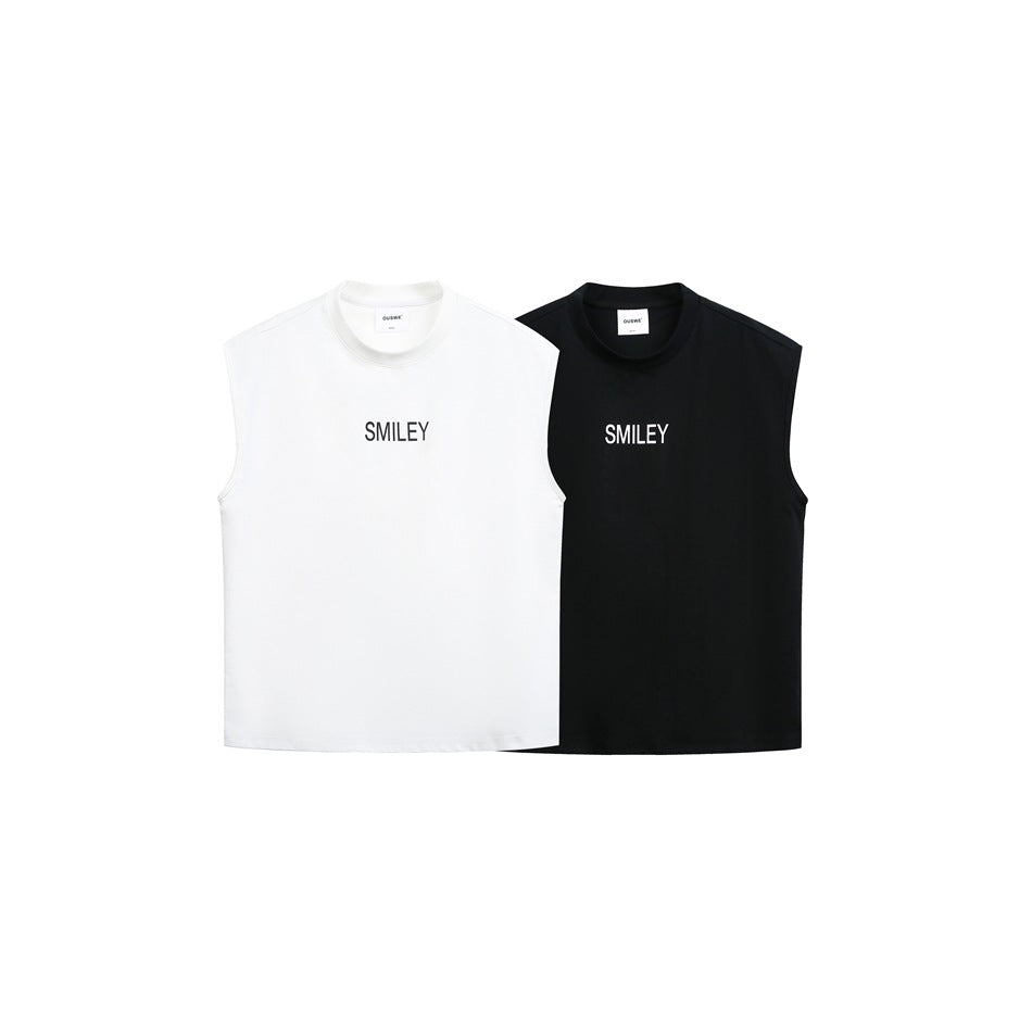White and black sleeveless crew-neck tops shown from the front, each with small SMILEY chest lettering.