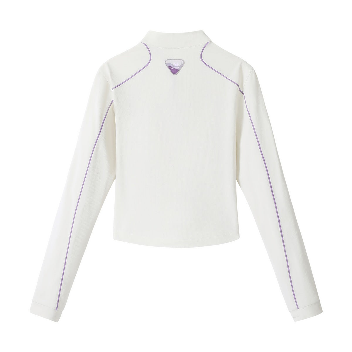 Back view of an off-white cropped long-sleeve pullover with a stand collar, lavender piping, and a small triangular