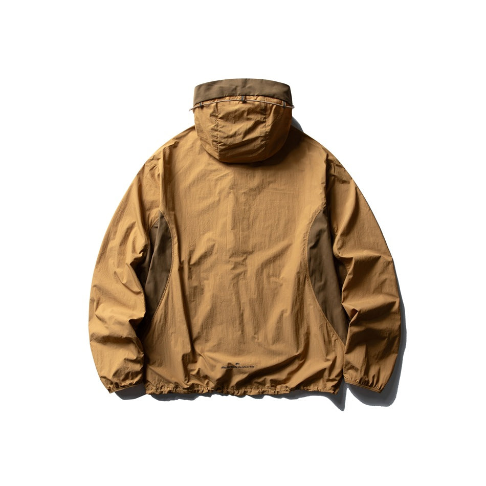 Rear view of a warm brown hooded jacket with elastic cuffs and hem, displayed flat against white.