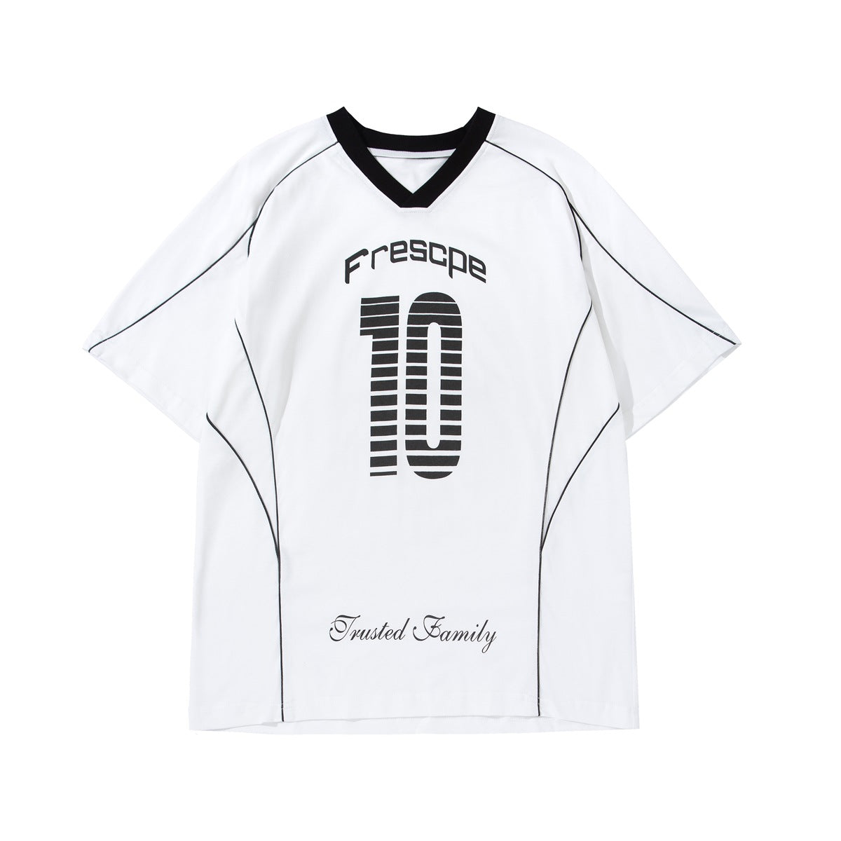 White short-sleeve V-neck jersey T-shirt with black collar, black piping and printed striped number 10, front view
