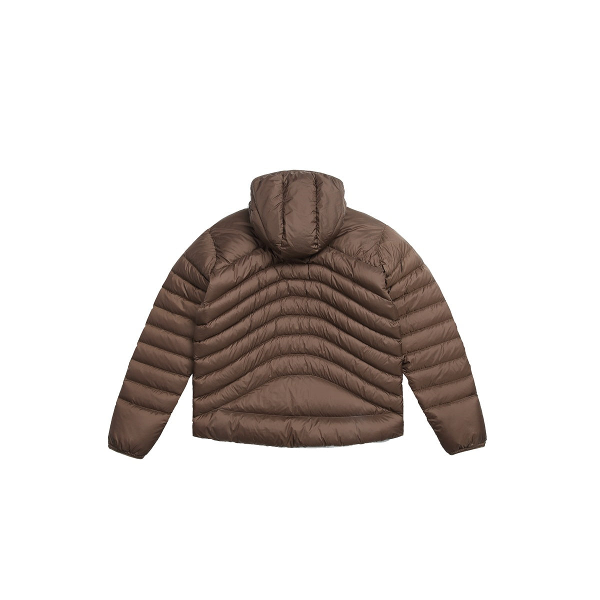 Back view of a brown hooded puffer jacket with curved chevron quilting.