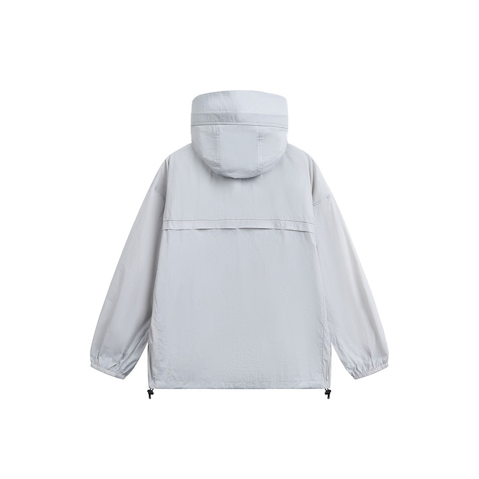 Back view of a light gray hooded jacket with elastic cuffs and an adjustable drawcord hem.