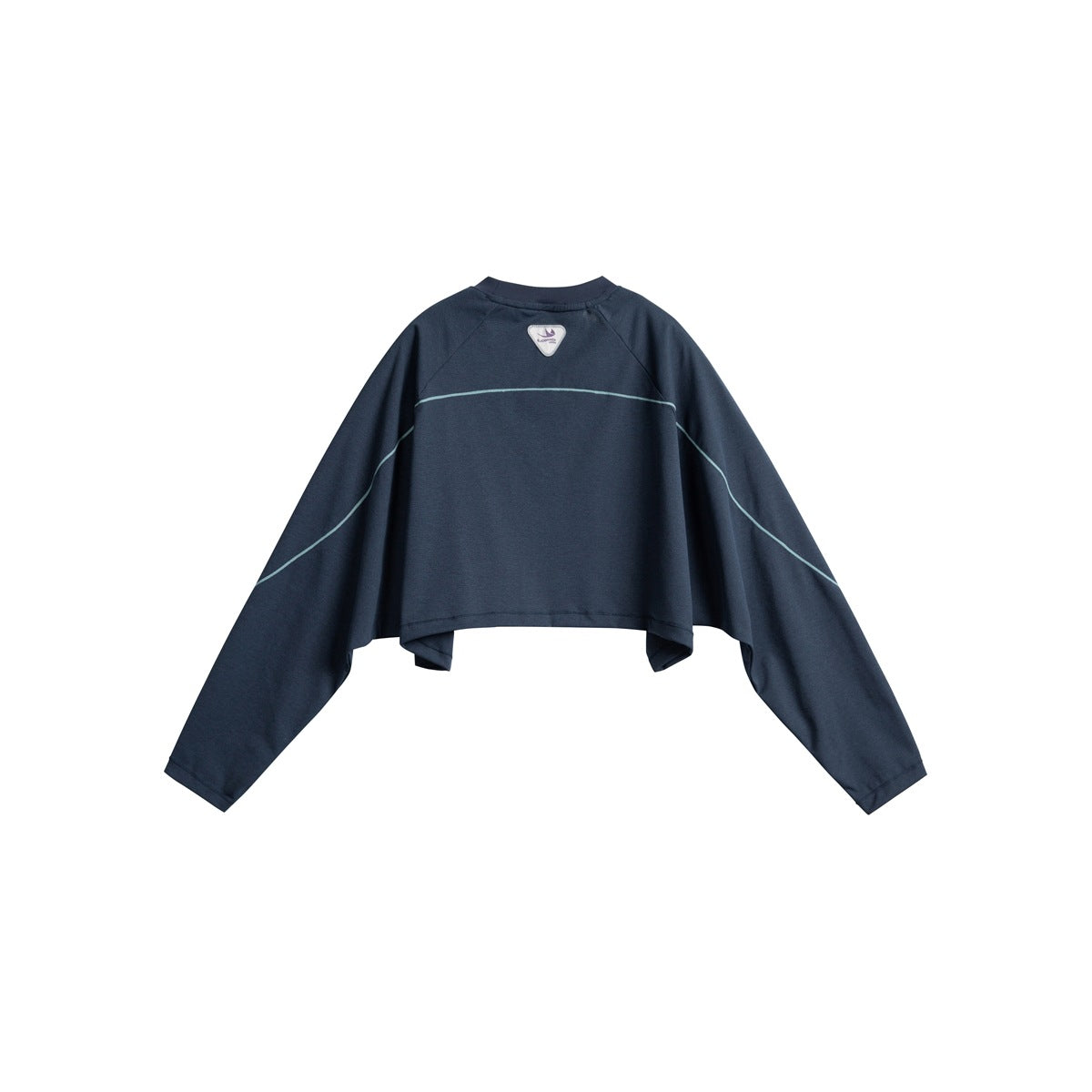 Back view of a navy cropped long-sleeve top with pale curved piping across the back and sleeves.