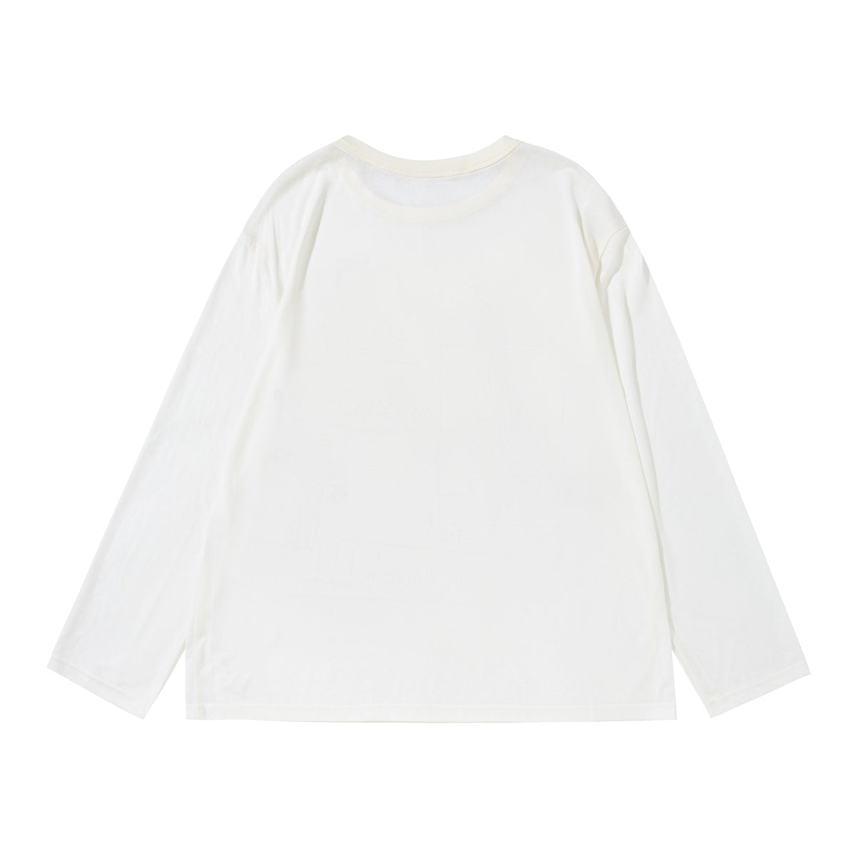 Back view of a cream long-sleeve crew-neck shirt, laid flat against a white background.