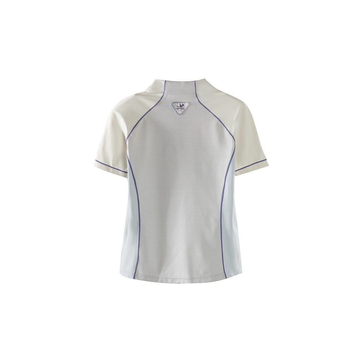 Back view of an off-white top with pale gray panels and thin purple piping.