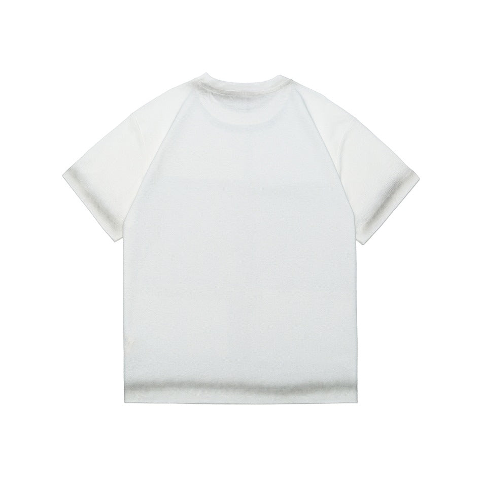 White short-sleeve T-shirt, back flat lay, with faded gray shading at the sleeve hems and bottom hem
