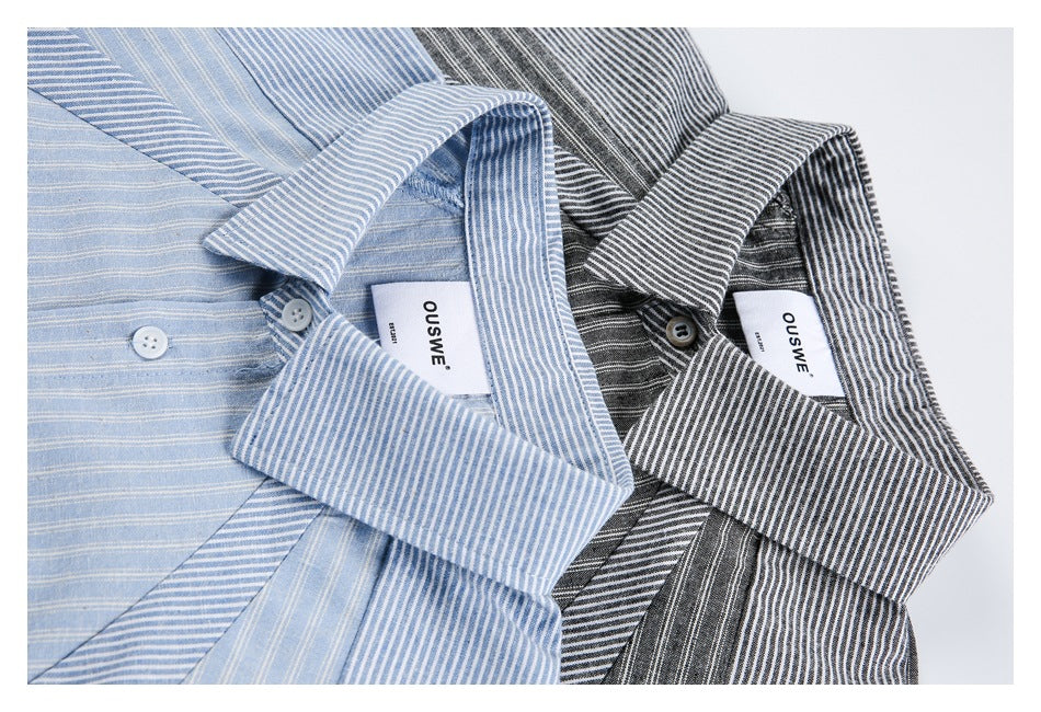 Light blue and dark gray striped shirts shown together, with collars, buttons, and contrasting stripe directions.