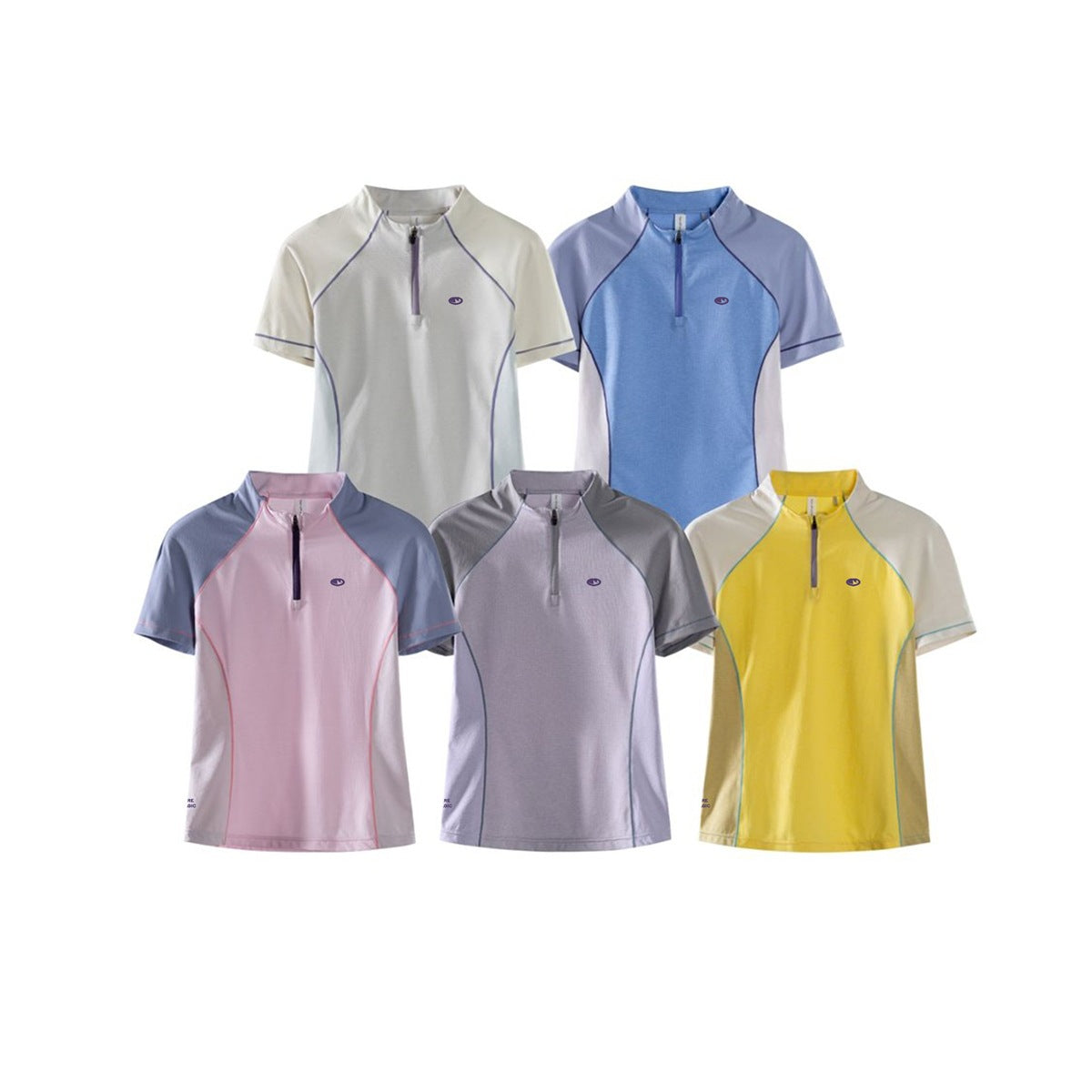 Five short-sleeve zip-neck tops shown in cream, blue, pink, gray, and yellow color combinations.