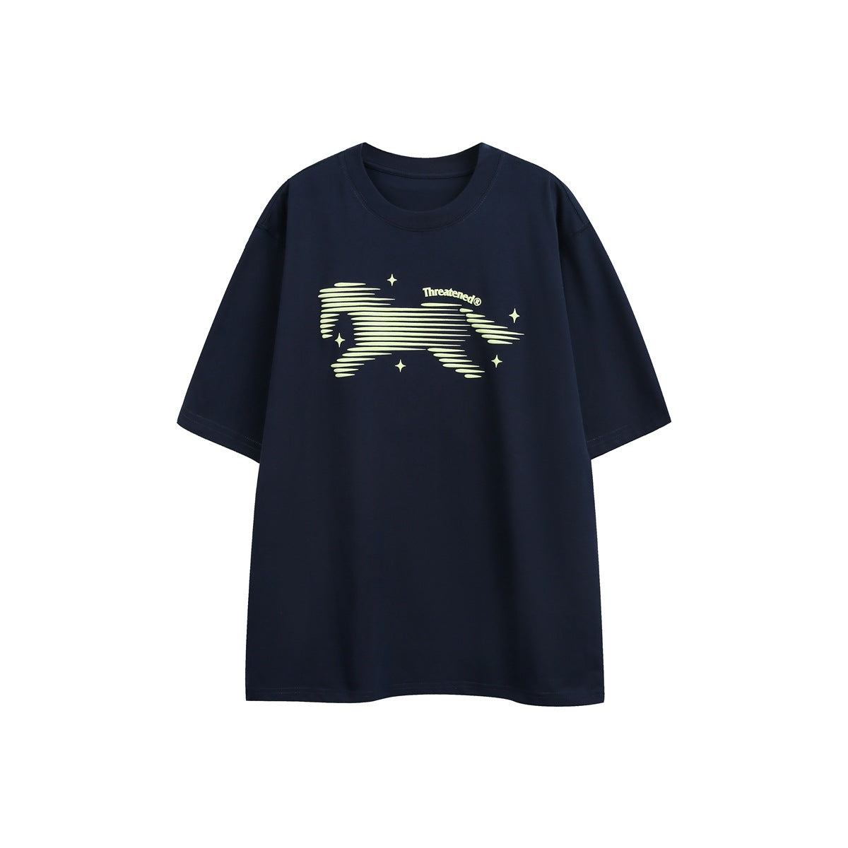 Navy short-sleeve crewneck T-shirt with light green striped horse graphic and stars on the chest