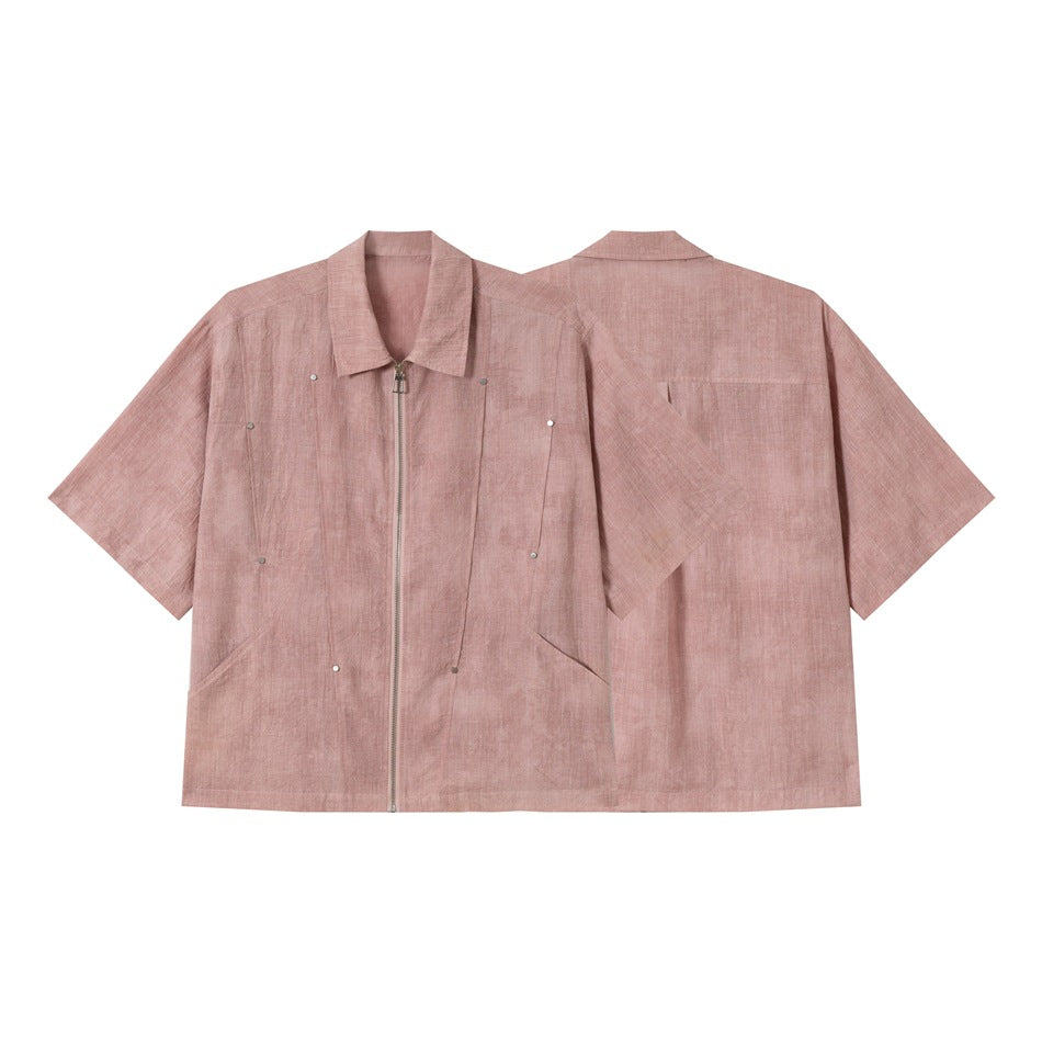 Dusty rose short-sleeve shirt-jacket shown from the front and back, with a pointed collar, front zipper and metal details.