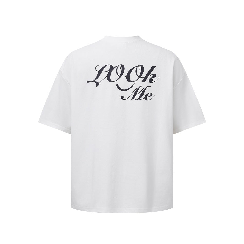White short-sleeve T-shirt back with large dark script LOOk Me print