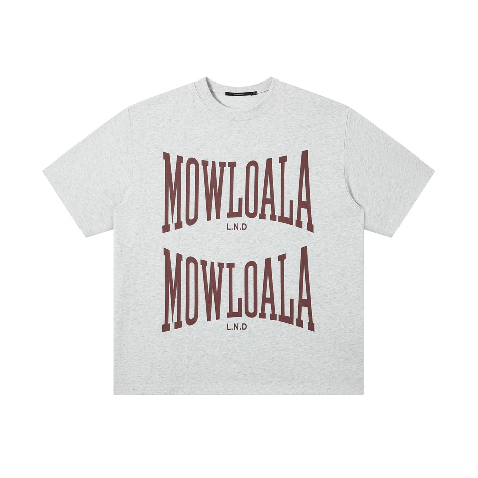 Light heather gray short-sleeve T-shirt with two stacked burgundy MOWLOALA arched letter prints on the front
