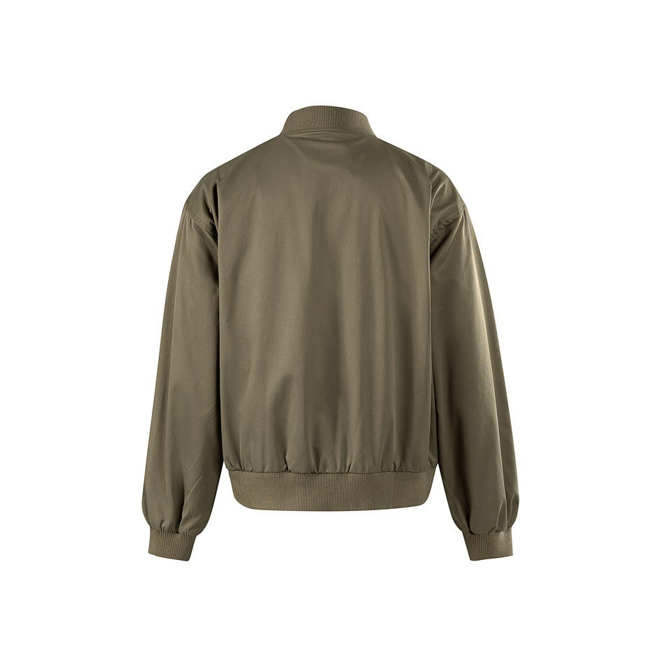 Back view of an olive zip-front jacket with a ribbed collar, cuffs and hem.