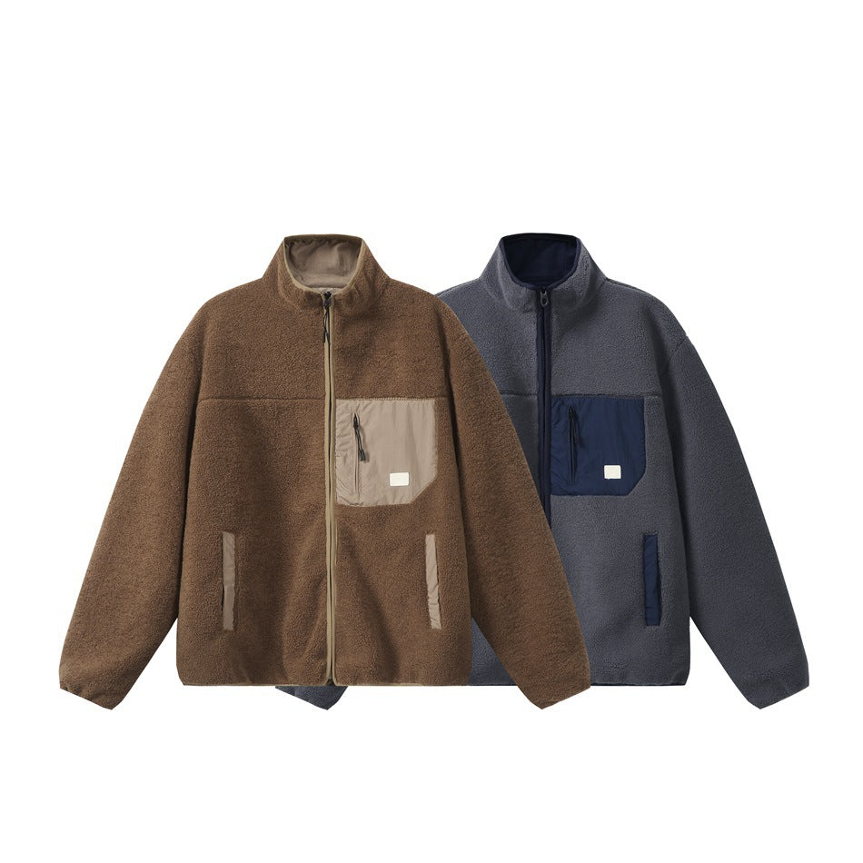 Two front views of zip-up fleece jackets: brown with tan pocket accents and charcoal blue with navy accents.
