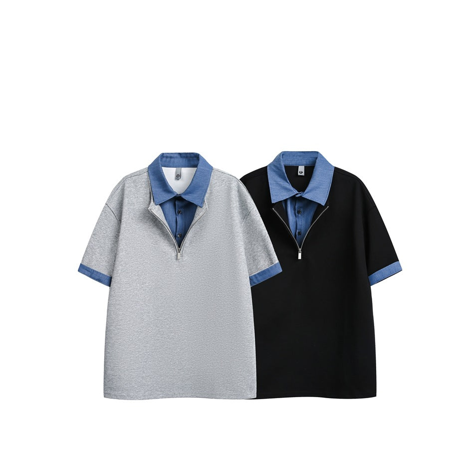 Two short-sleeve quarter-zip polos shown flat: one gray and one black, both with blue collars and sleeve cuffs.