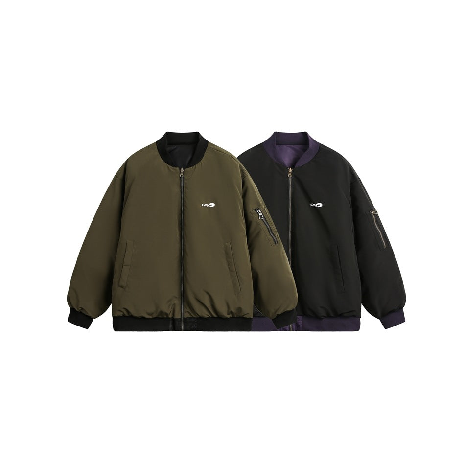 Army green bomber jacket beside a black bomber jacket with purple interior, both with front zippers and sleeve pockets