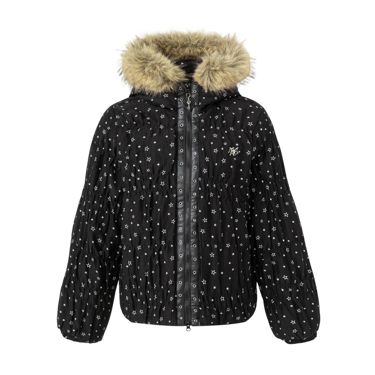 Black star-print hooded zip jacket with tan faux-fur hood trim and ruched sleeves, shown flat from the front