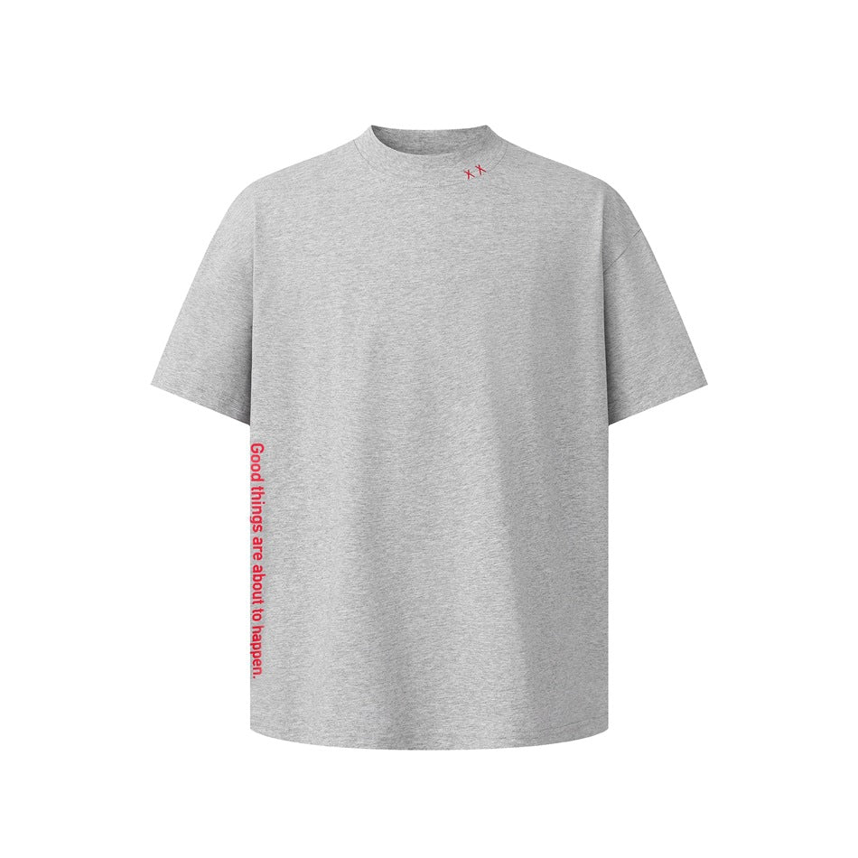 Heather gray short-sleeve T-shirt front with red neckline embroidery and red vertical text on the lower left