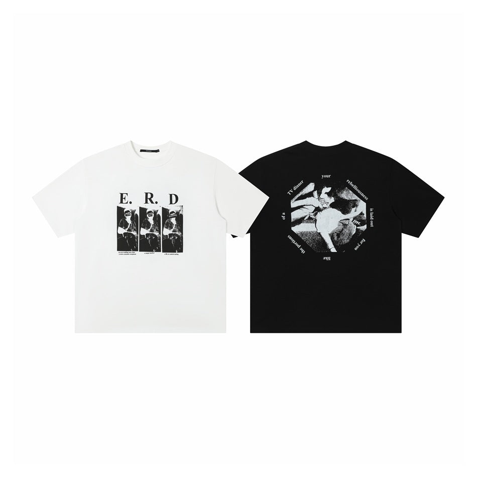 White T-shirt front and black T-shirt back shown side by side, both with monochrome graphic prints.