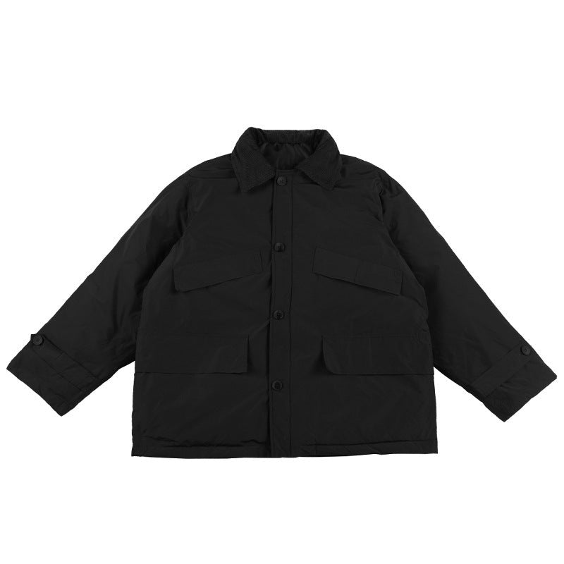 Black padded jacket flat lay with folded collar, button front, four flap pockets and buttoned cuff tabs
