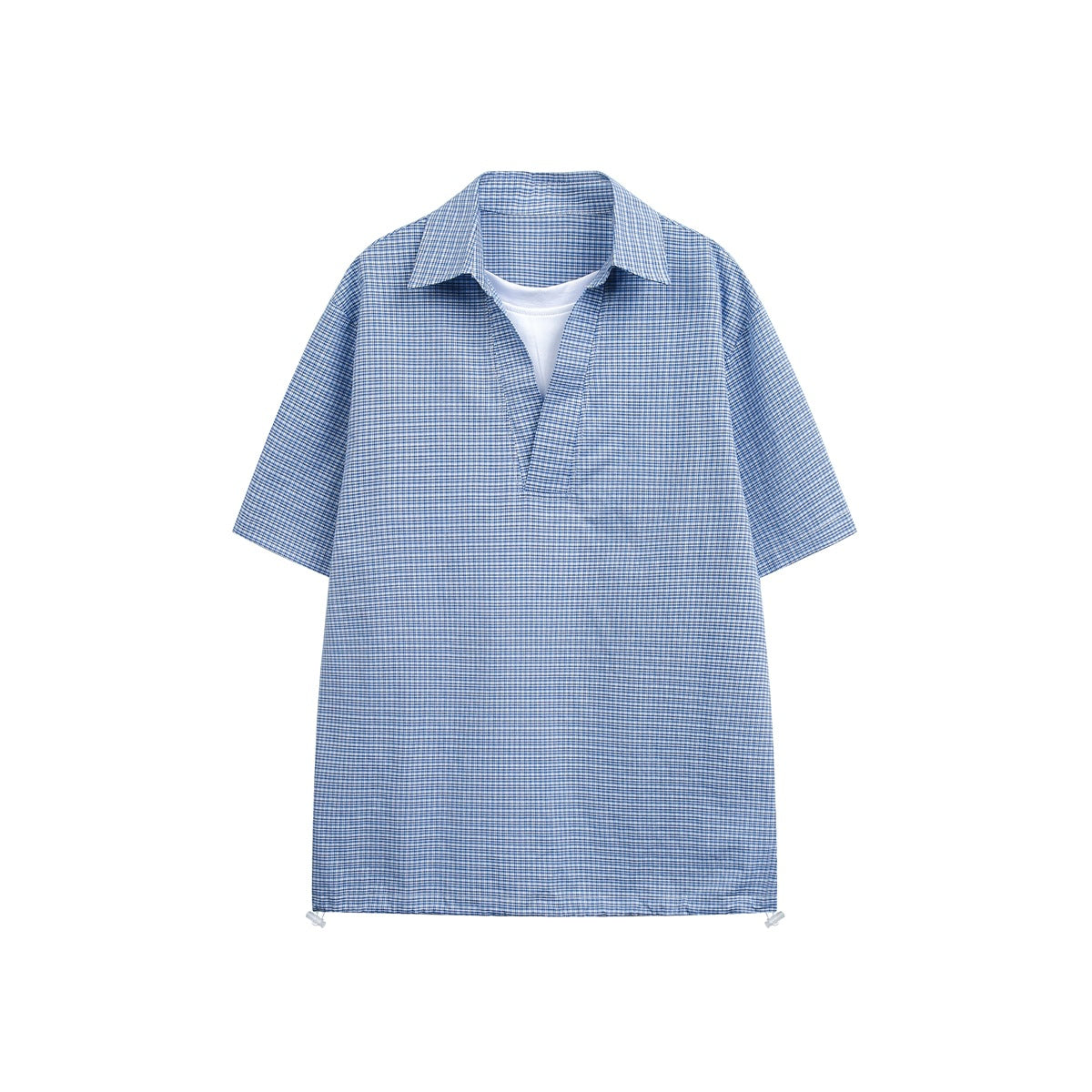 Blue check short-sleeve collared shirt flat-lay with V-neck, white layer at neckline and drawstring hem