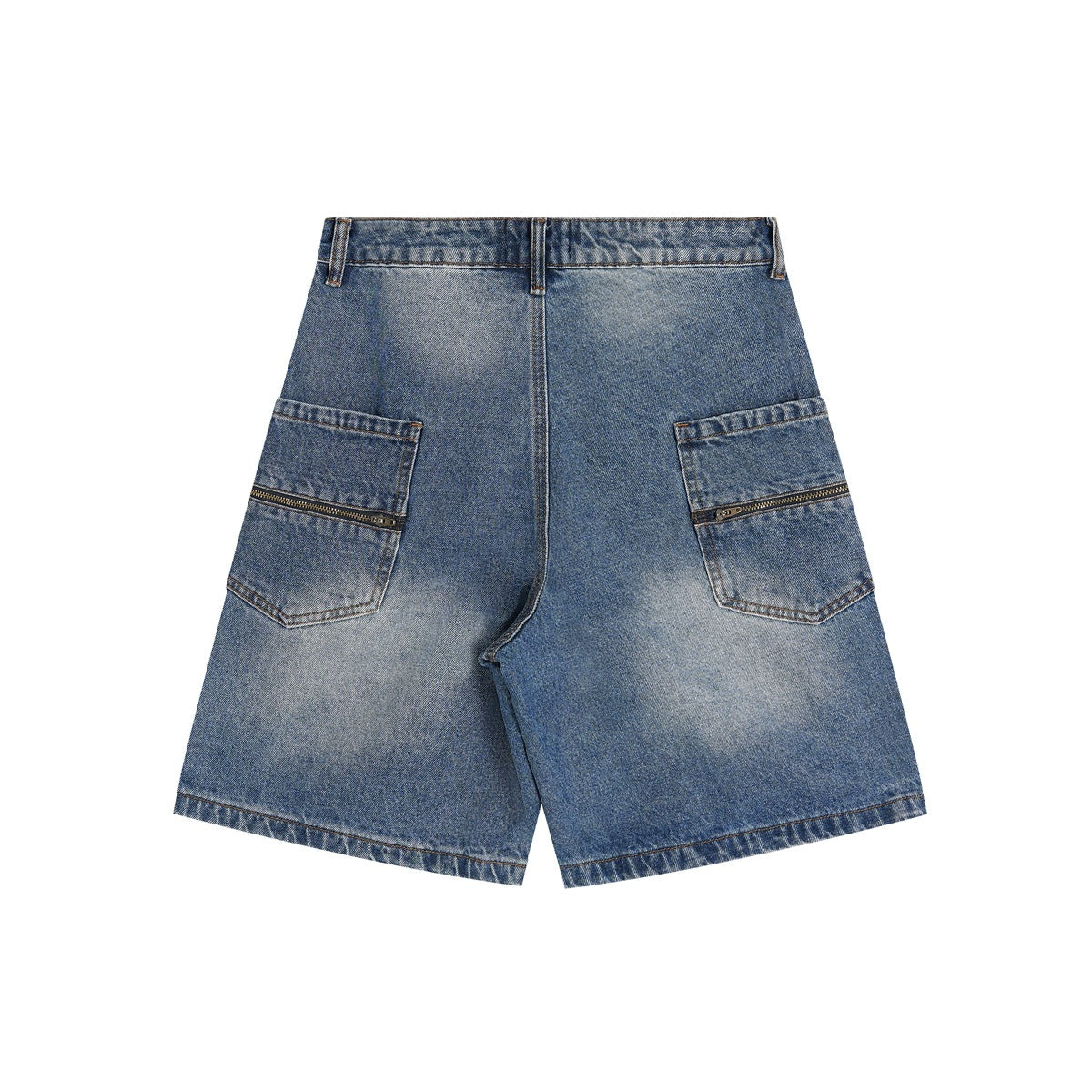 Back of faded blue denim shorts with large patch pockets and zipper details