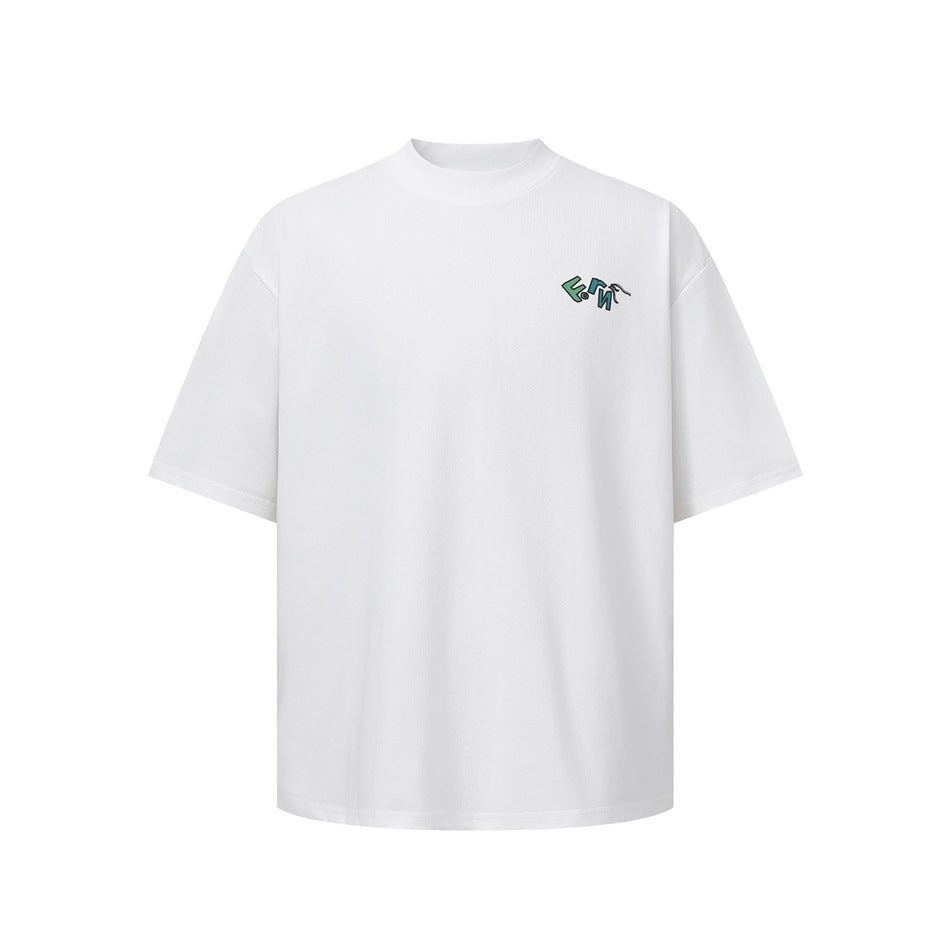White oversized short-sleeve T-shirt with a small green and teal chest logo, shown from the front.