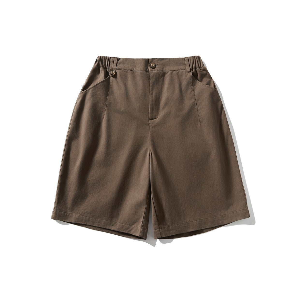 Brown knee-length shorts flat lay, front view with elastic waistband, button closure and slanted pockets