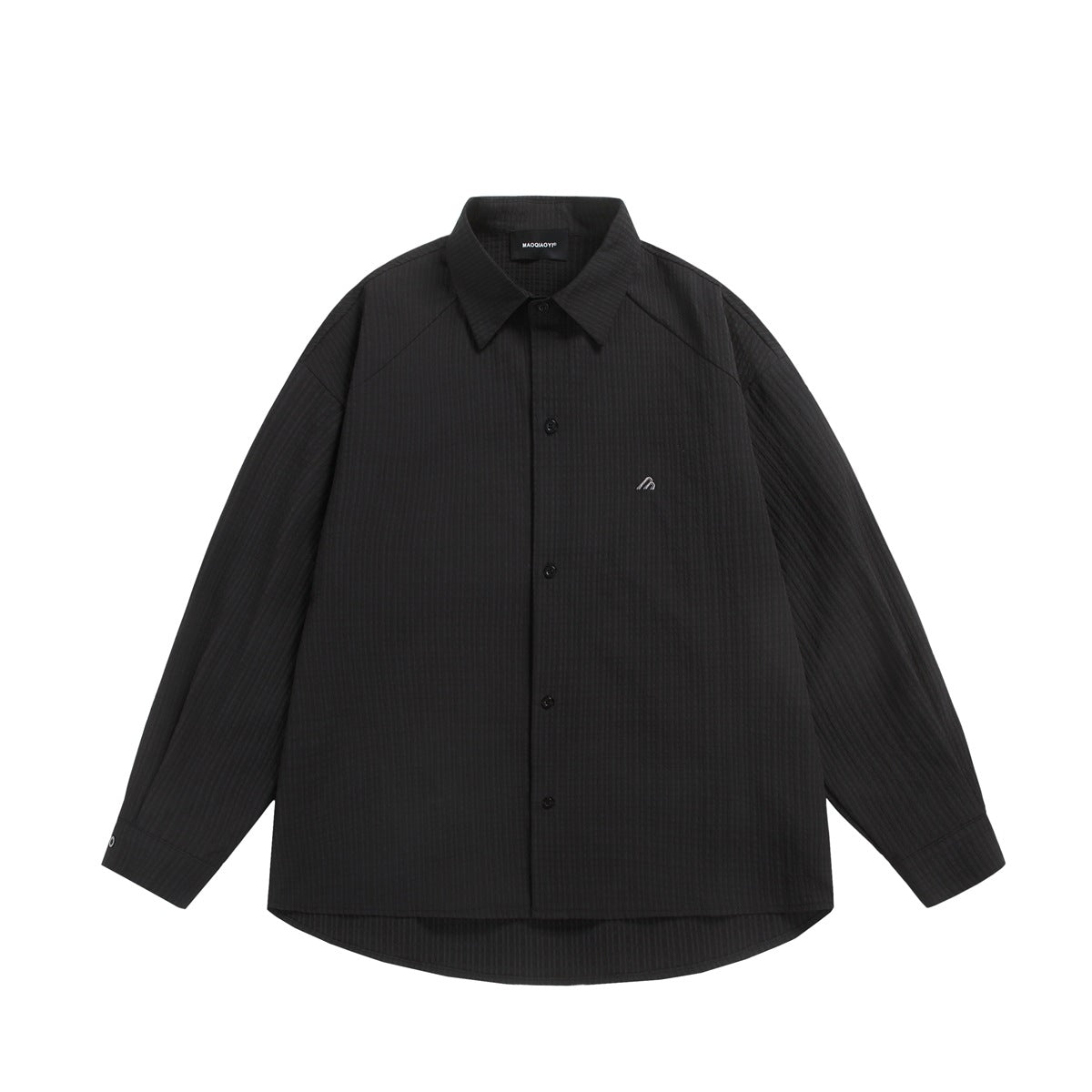 Black long-sleeve button-up shirt with pointed collar, subtle textured pattern and a small chest emblem.