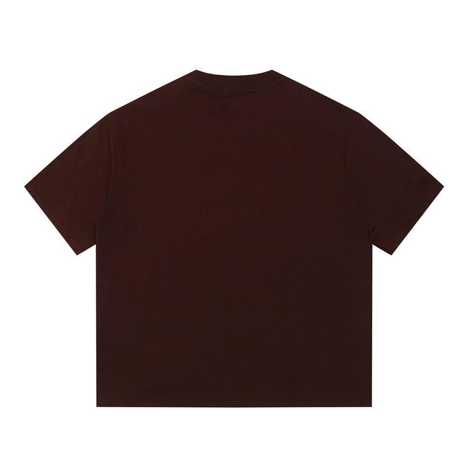 Plain dark burgundy short-sleeve crew-neck T-shirt shown from the back on a white background.