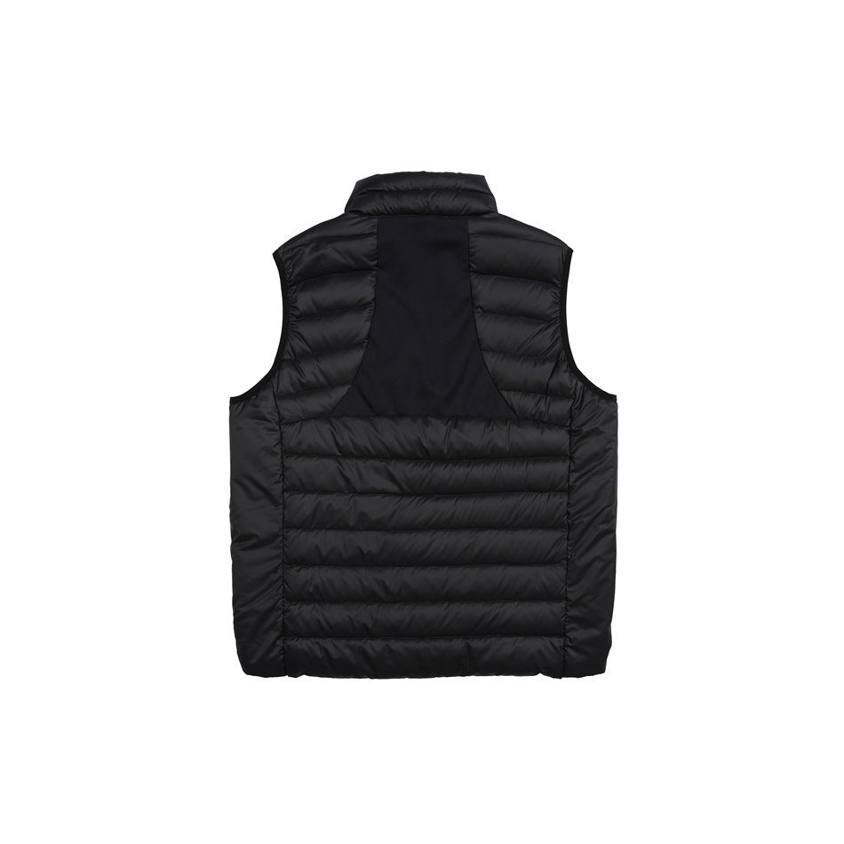 Rear view of a black quilted sleeveless vest with a raised collar and contrasting center-back panel.