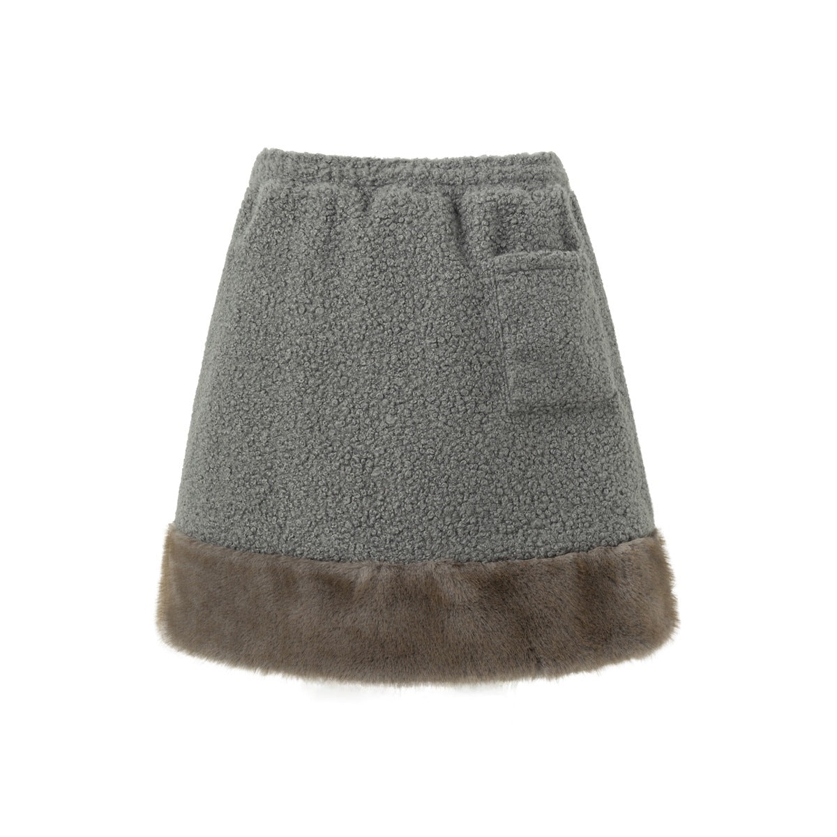 Back view of gray fleece-textured mini skirt with patch pocket and brown faux-fur-look hem band